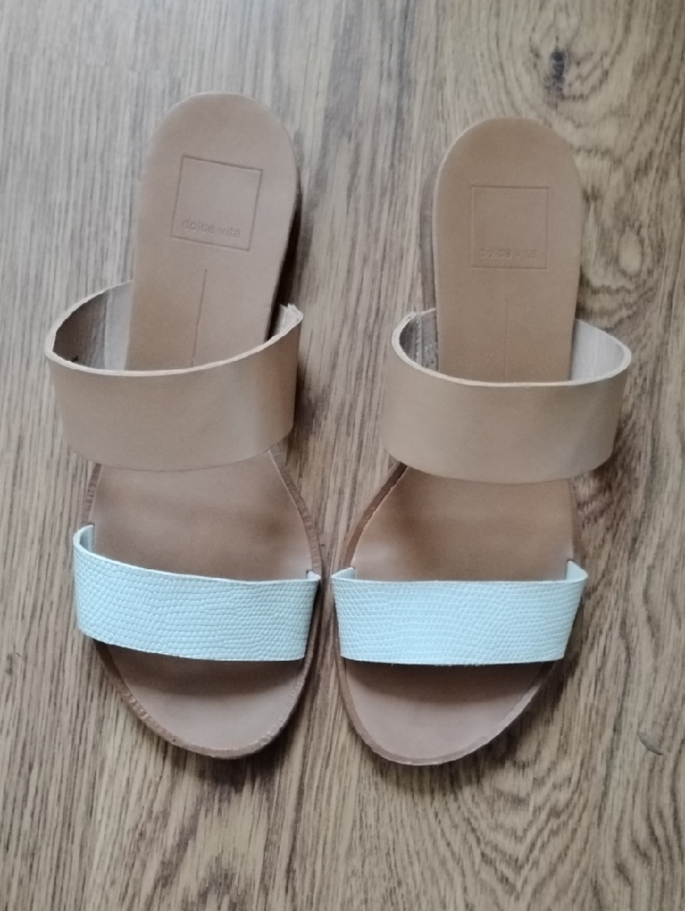 Dolce Vita Two-Band Slide Sandals in Tan and White